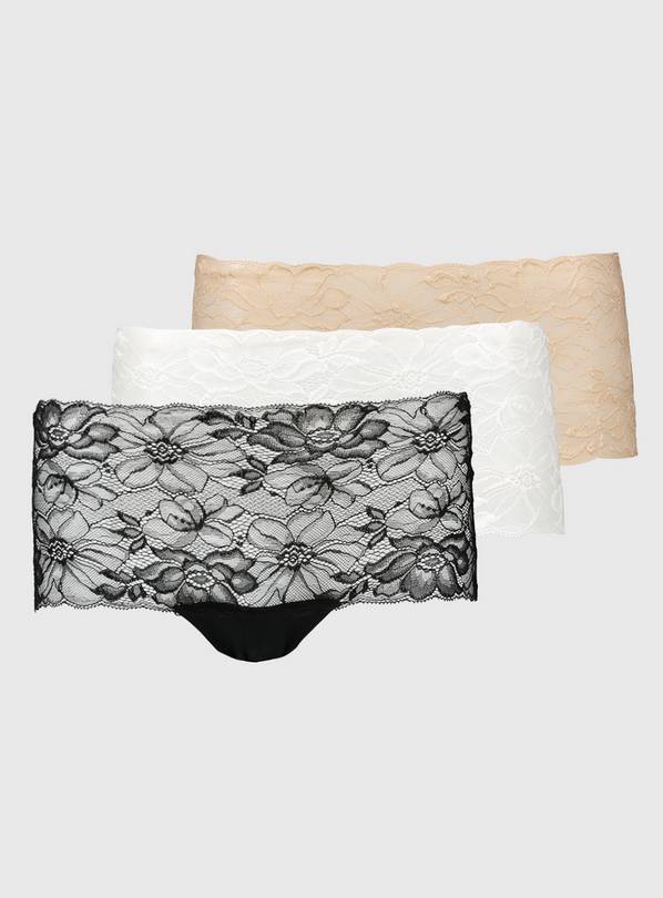 White, Black & Latte Nude Galloon Lace Knicker Shorts 3 Pack